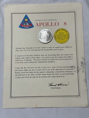 ORIGINAL APOLLO 8 FLOWN MATERIAL COIN AND CERTIFICATE MANNED FLIGHT AWARENESS