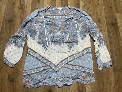 Dylan Shirt, Women's Size Medium, Blue White Orange, Floral, Long Sleeve