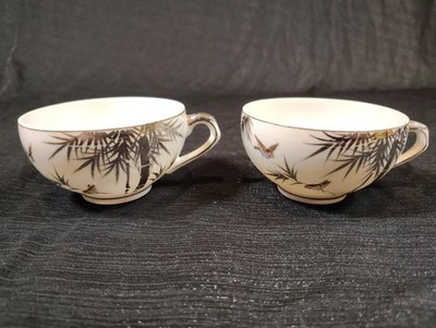 VTG, Kutani Lithopane, ''Fujiyama'' Hand Painted, Silver Guild, Tea Cups, Set of 2