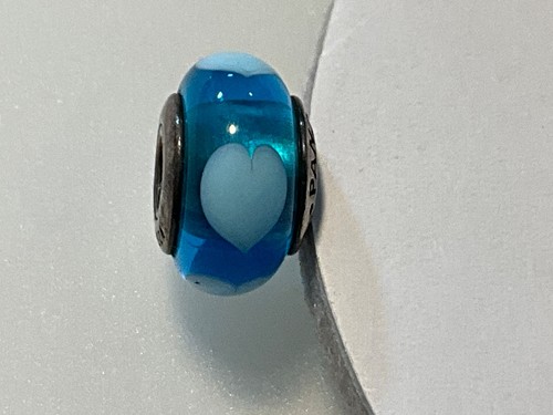 Pandora 925 Sterling Silver Blue Murano Glass Heart Slide Bead Charm