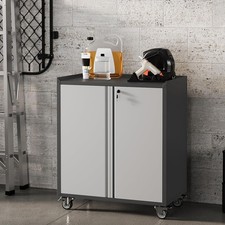 A 35.43-inch tall garage locker with wheels, shelves, and a lockable metal door.