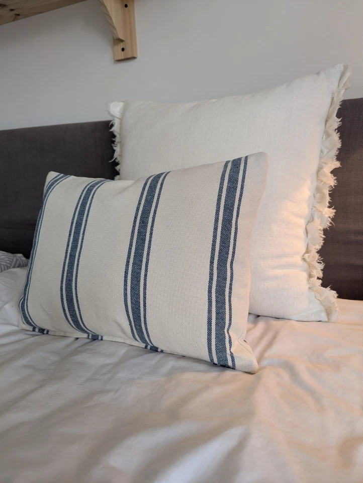 French country blue stripes cushion cover |  linen grain sack rustic decor  - Image 2 of 4