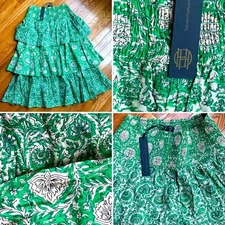 New! House of Harlow 1960 Green Block Print Tiered Boho Skirt sz MED