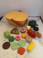Fisher Price Yellow Picnic Basket Orange Handle 1988 Plastic Vintage + food