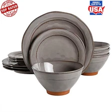 Terracotta Reactive Glaze Dinnerware Set Dishwasher Safe Stoneware 12pcs Home US