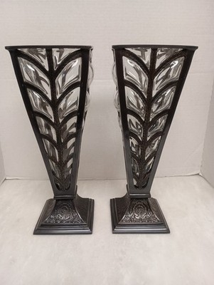 Pair Of 13.5'' Deco Caged Glass Fluted Square Heavy Weight Vases Bombay Company 