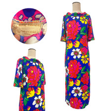 Vintage 1960s Royal Hawaiian Dayglo Barkcloth Blue Red Pink Floral Dress