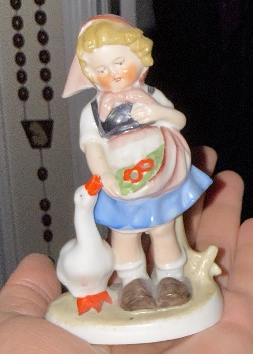 Vintage Germany Porcelain Figurine Girl w Goose Crown Mark Hand Painted Miniatur