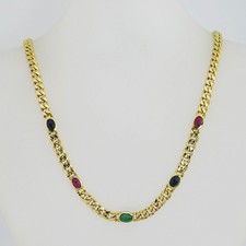 Kette Collier Panzerkette mit Saphir, Rubin + Smaragd in 585/14K Gelbgold 43,5cm