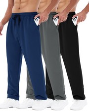 3 Pack Mens Sweatpants with Pockets - Mesh Open Bottom Athletic Joggers for M...