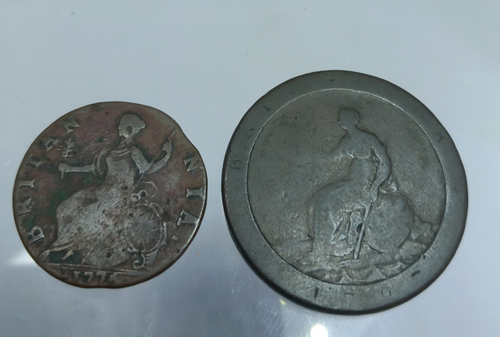 George III 1774 Halfpenny + Cartwheel Penny - Attractive Patination / Wear Coins - Picture 2 of 8