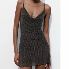 ZARA NEW WOMAN SS24 BLACK SHORT TULLE DRESS WITH RHINESTONES LARGE REF:5063/823