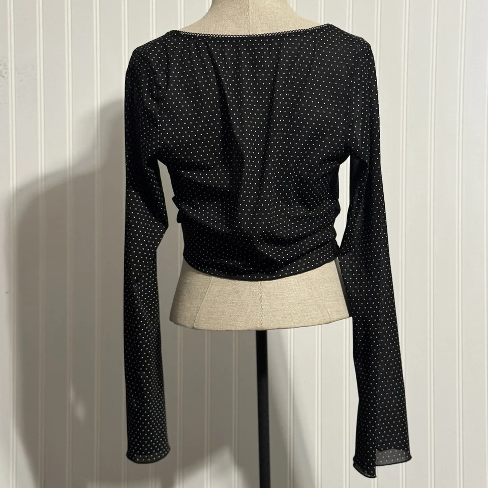 Top corto Trixxi a lunares con corbata frontal L negro blanco manga larga gótica coqueta Y2K Foto 3 de 4