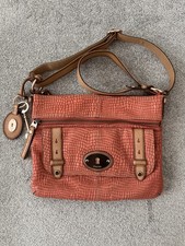 Women’s Fossil Maddox Cow Leather Snake Embossed Crossbody Coral Pink Bag VGC
