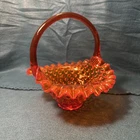 Fenton Amberina Art Glass Hobnail Colonial Basket Orange with Yellow Handle 7”