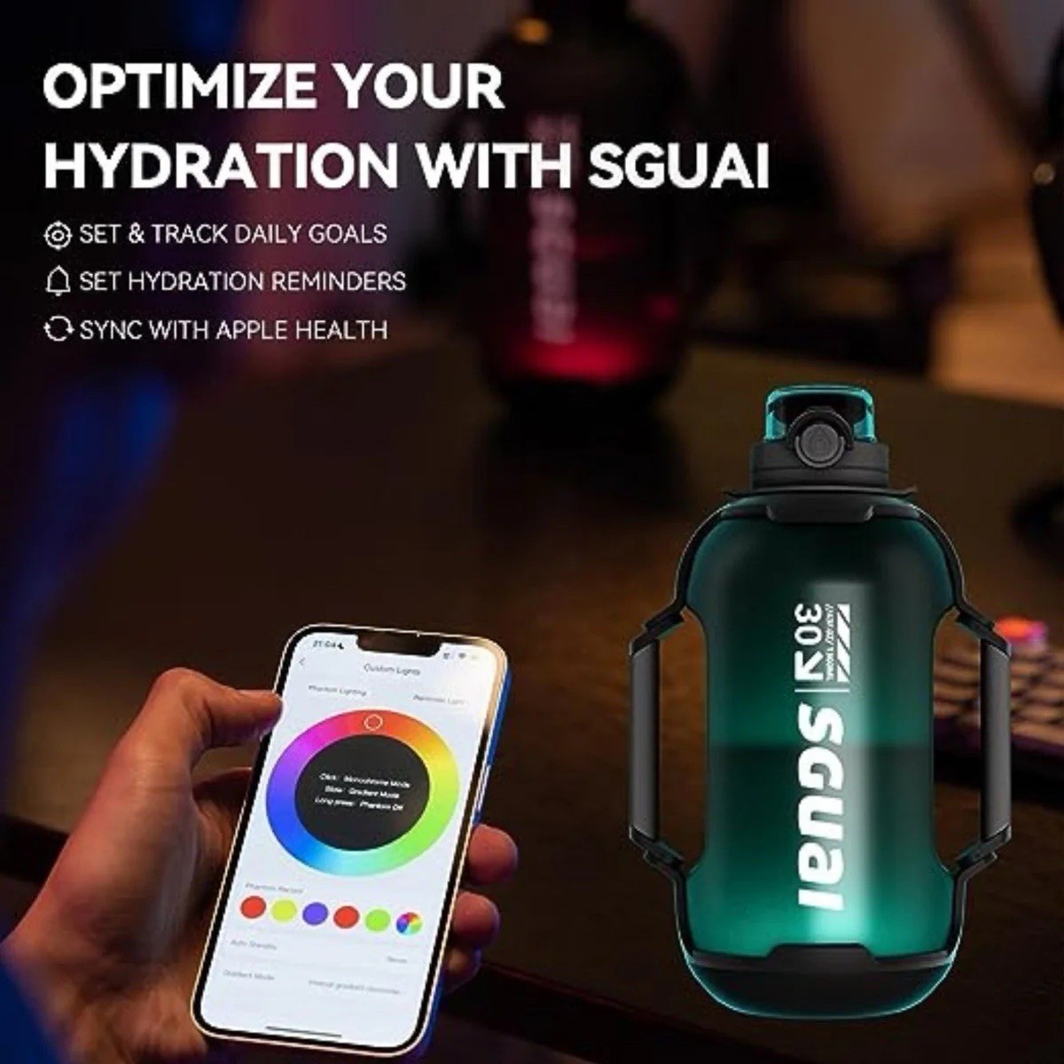 LED Glow Smart Water Bottle, 1.3L/44oz, with water reminder, tracker & analyser.