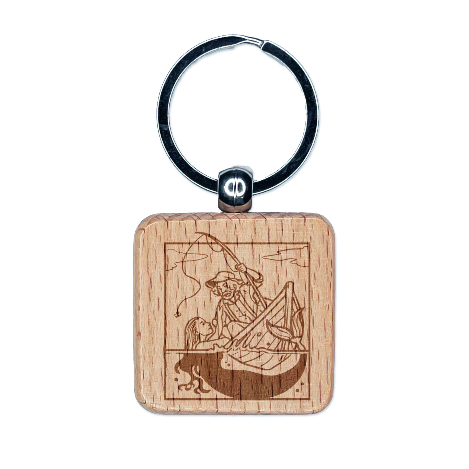 Fisherman and Mermaid Siren Engraved Wood Square Keychain Tag Charm