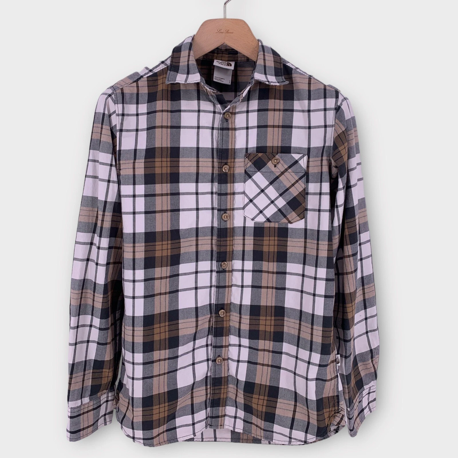 The North Face Men's Size Small Brown Plaid Button Long Sleeve Shirt Pocket