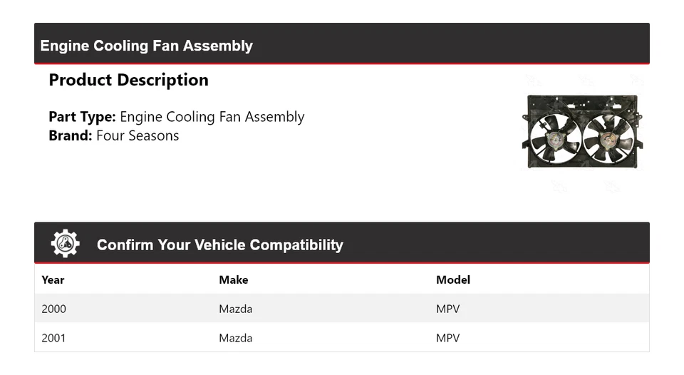 Conjunto de ventilador de refrigeración del motor MPV Mazda 2000-2001 4 estaciones Foto 2 de 4