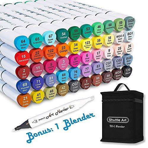 51 Colors Dual Tip Alcohol Based Art Markers 50 Colors plus 1 Blender Permane...