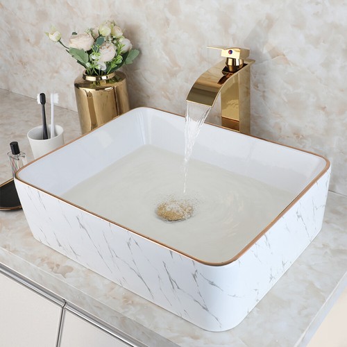 FA  White Ceramic Bathroom Vessel Sink Rectangle Bowl Waterfall Brass Mixer Tap - Imagen 1 de 9