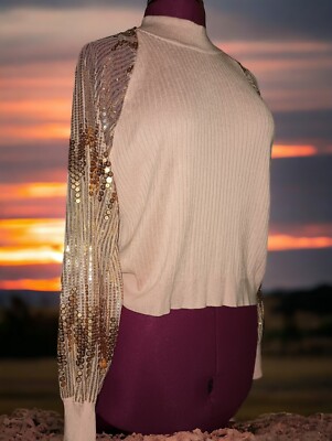 Joseph Light Pink Gold Sheer Sequined Long Sleeve Turtle Neck