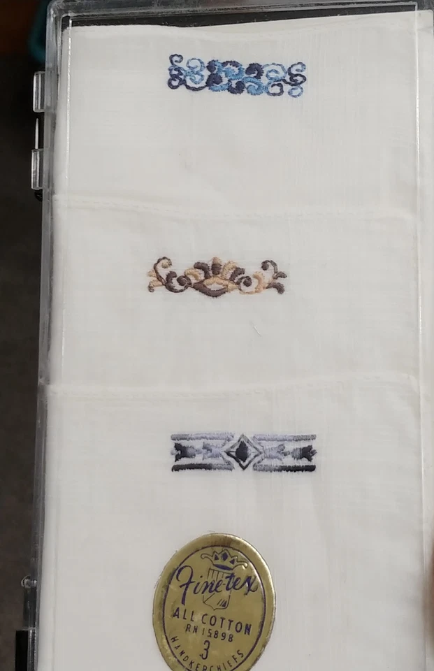 Pañuelos vintage para hombre nuevos en caja bordados años 60 lino algodón conjunto/3 Fine-Tex Foto 3 de 4