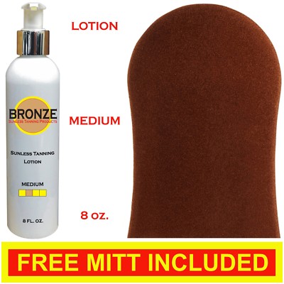 BRONZE - Sunless Self Tanning Lotion - MEDIUM - 8 oz + Best Tanner Mitt.