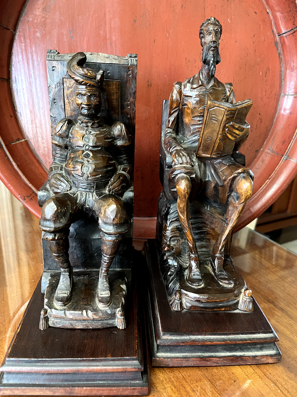 PAIR CARVED WOOD DON QUIXOTE PANCHO SANZA BOOKENDS