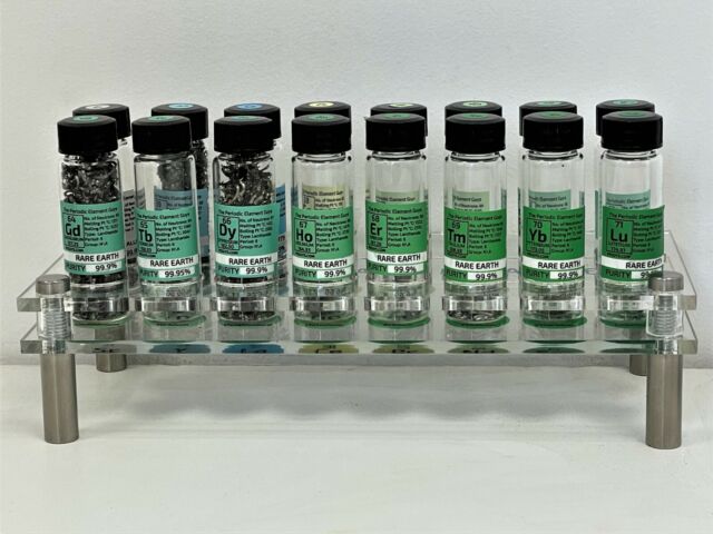 Deluxe Rare Earth Metal Set 5gram x 16 Labeled Glass Vials Acrylic Display Stand