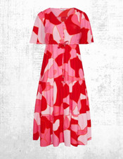 Women's Curve Plus Size Abstract Print SS Tiered Dress in Pink (Defect)