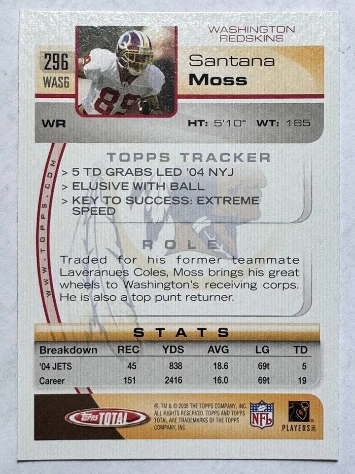 SANTANA MOSS Washington Redskins 2005 Topps Total Football Card #296 - Image 2 of 2