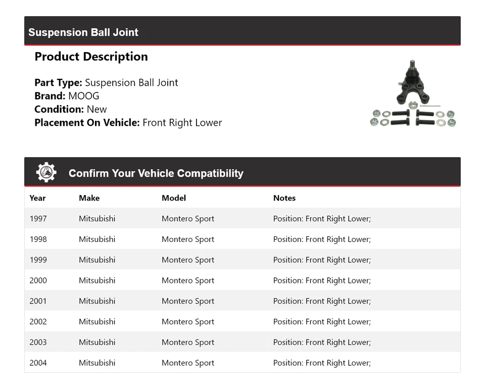 Junta de rótula de suspensión deportiva para Mitsubishi Montero 1997-2004 MOOG 1997 1998 1999 Foto 2 de 4