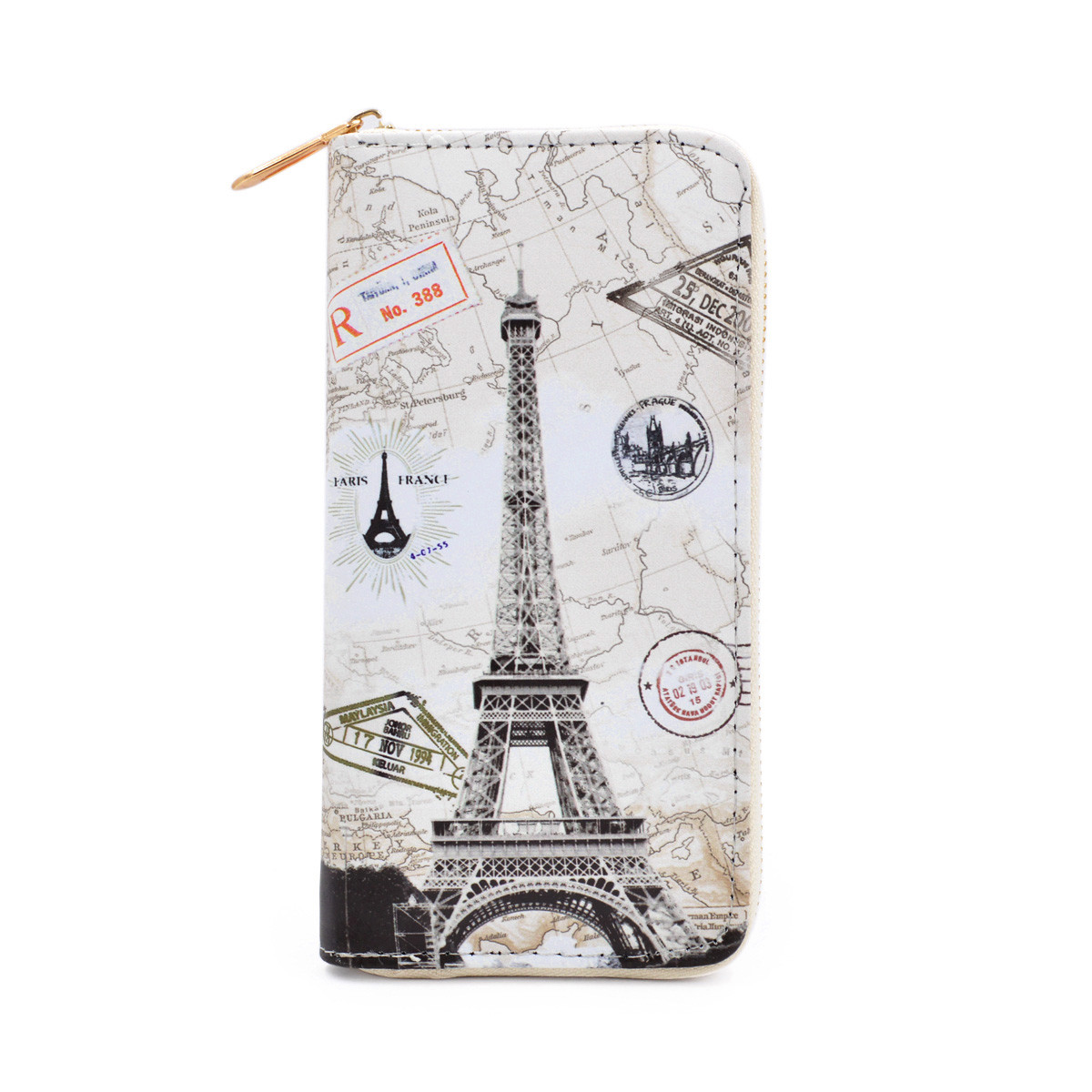 Eiffel Tower & Map Print PU Leather Continental Zip Around Wallet