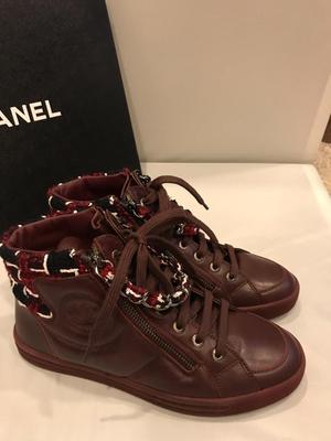 CHANEL 15K Leather Zip Chain High Hi Top Sneakers Kicks Shoes