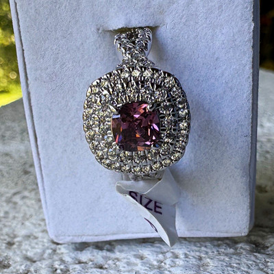 Ring Bomb Party Rhodium Ring Size 9 Lab-Created Cushion Rhodolite Topaz Halo