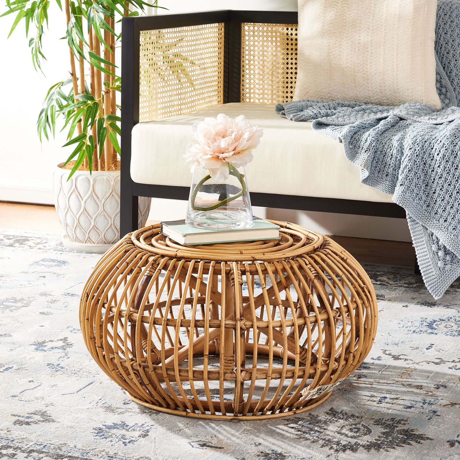 SAFAVIEH Jacynda Tropical Coastal Boho Rattan Round Ottoman