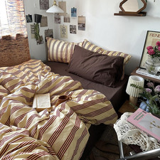 Queen Size Reddish-Brown Yellow Striped Duvet Cover Set - 3 Piece Vintage Aest