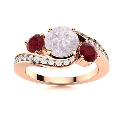 Round Pink Quartz & Ruby 925 Sterling Silver Rose Plated Three Stone Women Ring