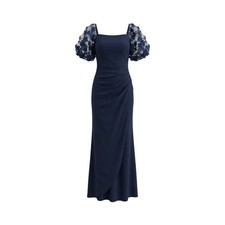 Xscape 14W Navy Blue Floral Applique Half Sleeve Gown $278