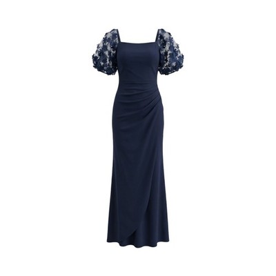 Xscape 14W Navy Blue Floral Applique Half Sleeve Gown $278