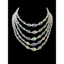 Vintage Aurora Borealis Crystal 5 Strand Bib Necklace Iridescent Glass Beaded