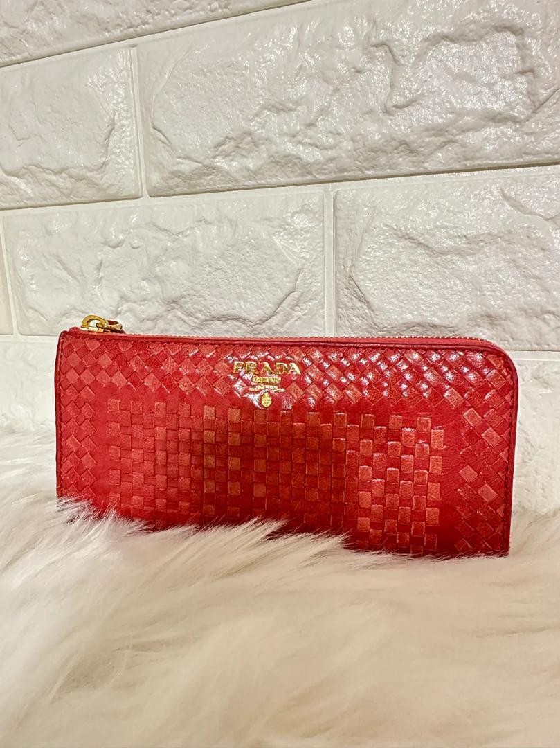 Prada Pink Madras Leather Long Zip Wallet with L Zipper