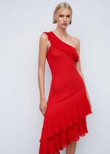 Red Asymmetric ruffled midi one shoulder occasion dress Mango M 10 BNWT £99