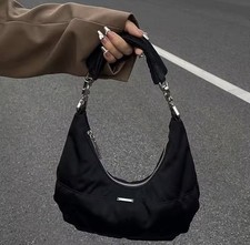 Black Crescent Small Shoulder Bag Purse Zip Silver Hardware Detachable Strap