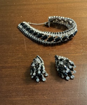 Signed Kramer of New York Jet Glass & Clear Rhinestone Bracelet W/Earrings