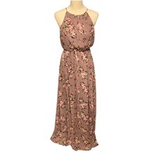 Women’s Windsor Floral Pink Roses Maxi Halter Dress Slits Backless Size S