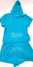 Juicy Couture Bling Terry Short Sleeve Hoodie  Shorts Set Coastal Teal L NWT
