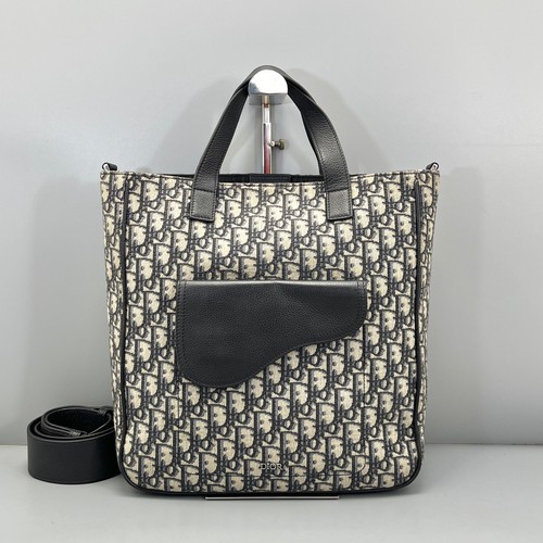 AUTH Dior Vertical Tote Bag Oblique Canvas Leather Crossbody Strap
