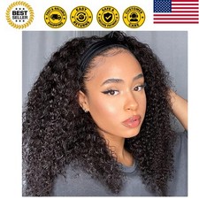 Curly Headband wig Human Hair 16 inch No Gel Kinky Curly Headband Wigs for Bl...
